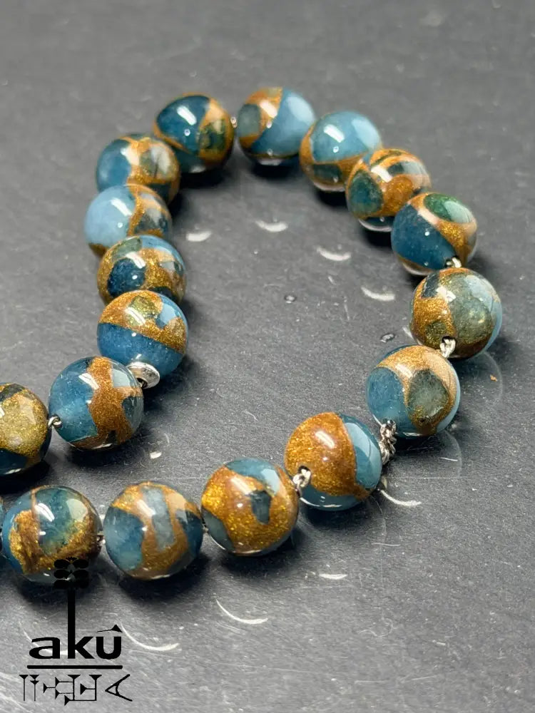 Mosaikstein Tasbih, blau und Bronz Konstruierte 33 Perlen Gebetskette, Vintage 925er Silber