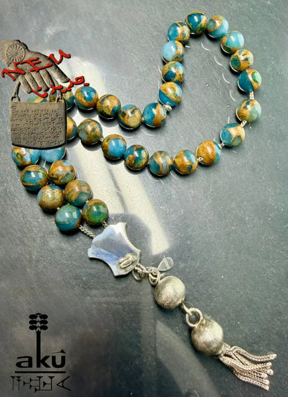 Mosaikstein Tasbih, blau und Bronz Konstruierte 33 Perlen Gebetskette, Vintage 925er Silber