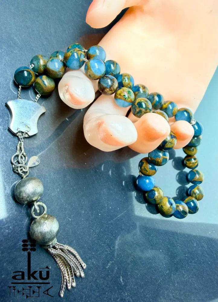 Mosaikstein Tasbih, blau und Bronz Konstruierte 33 Perlen Gebetskette, Vintage 925er Silber