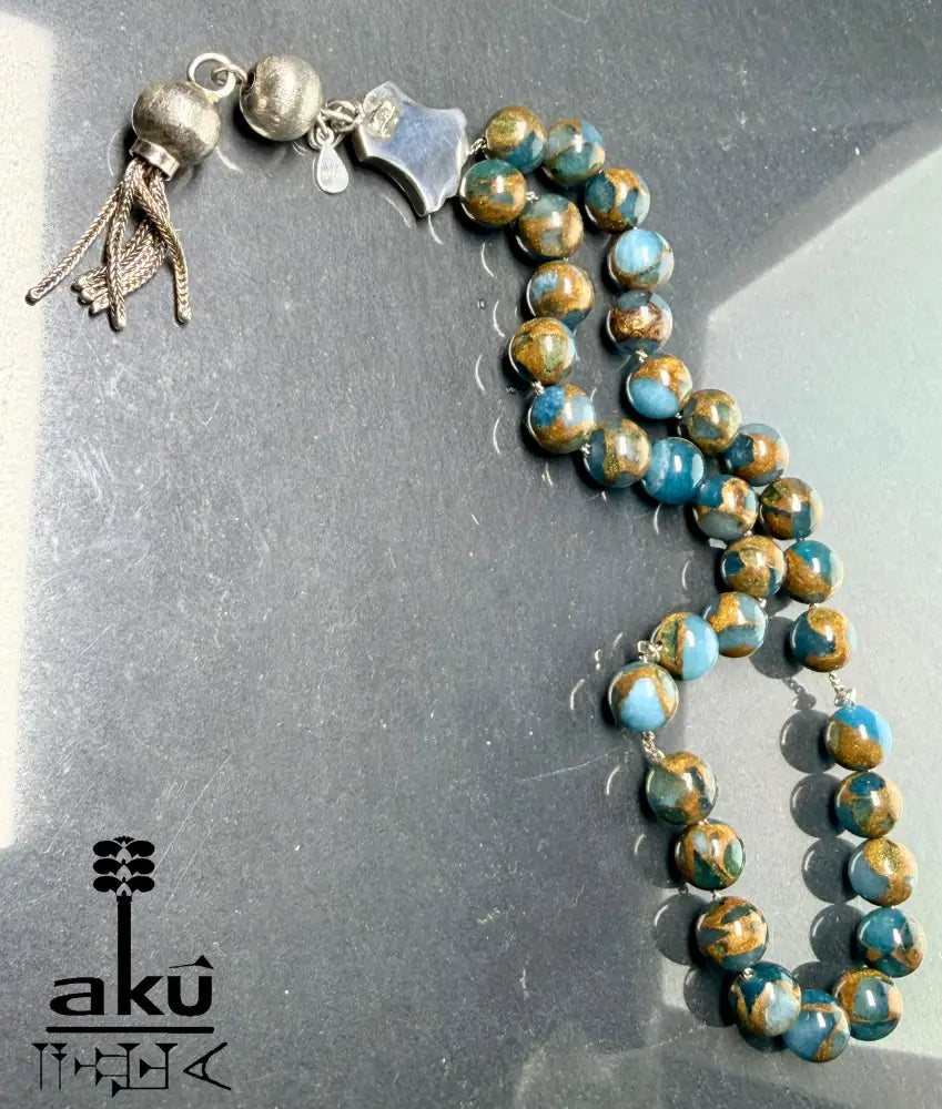 Mosaikstein Tasbih, blau und Bronz Konstruierte 33 Perlen Gebetskette, Vintage 925er Silber