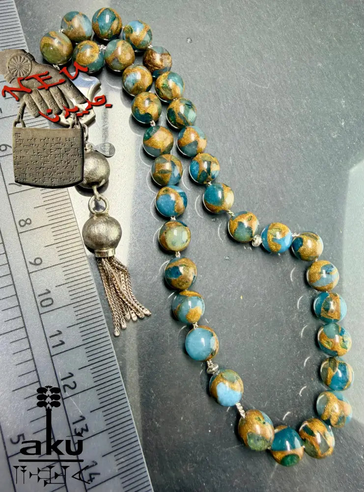 Mosaikstein Tasbih, blau und Bronz Konstruierte 33 Perlen Gebetskette, Vintage 925er Silber