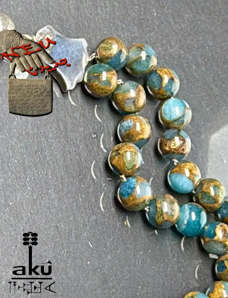 Mosaikstein Tasbih, blau und Bronz Konstruierte 33 Perlen Gebetskette, Vintage 925er Silber