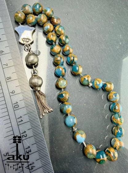 Mosaikstein Tasbih, blau und Bronz Konstruierte 33 Perlen Gebetskette, Vintage 925er Silber