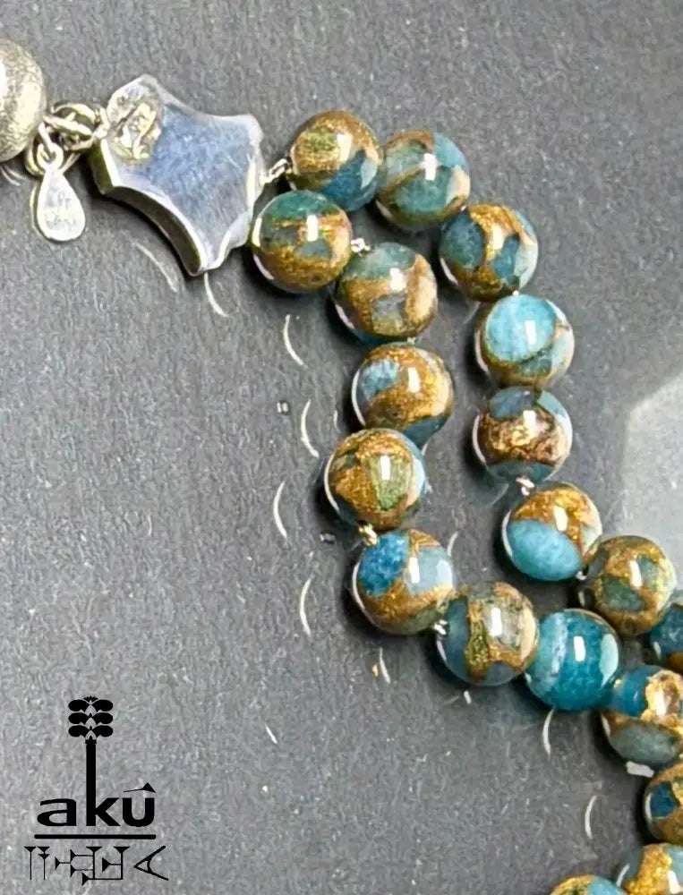 Mosaikstein Tasbih, blau und Bronz Konstruierte 33 Perlen Gebetskette, Vintage 925er Silber