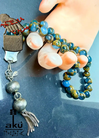 Mosaikstein Tasbih, blau und Bronz Konstruierte 33 Perlen Gebetskette, Vintage 925er Silber
