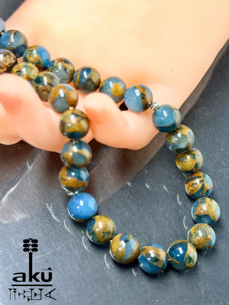 Mosaikstein Tasbih, blau und Bronz Konstruierte 33 Perlen Gebetskette, Vintage 925er Silber