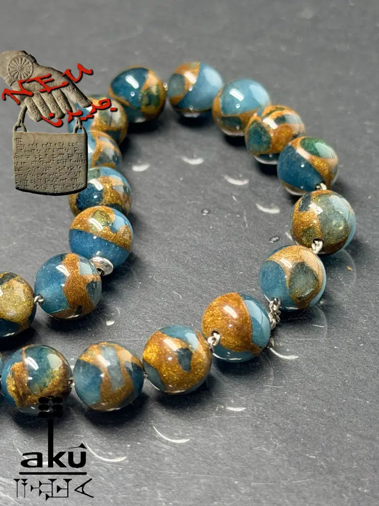 Mosaikstein Tasbih, blau und Bronz Konstruierte 33 Perlen Gebetskette, Vintage 925er Silber