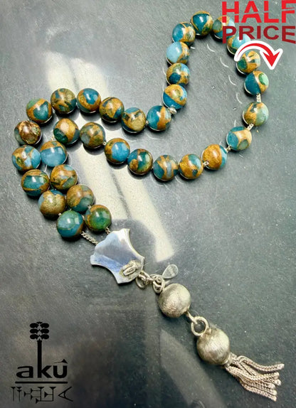 Mosaikstein Tasbih, blau und Bronz Konstruierte 33 Perlen Gebetskette, Vintage 925er Silber