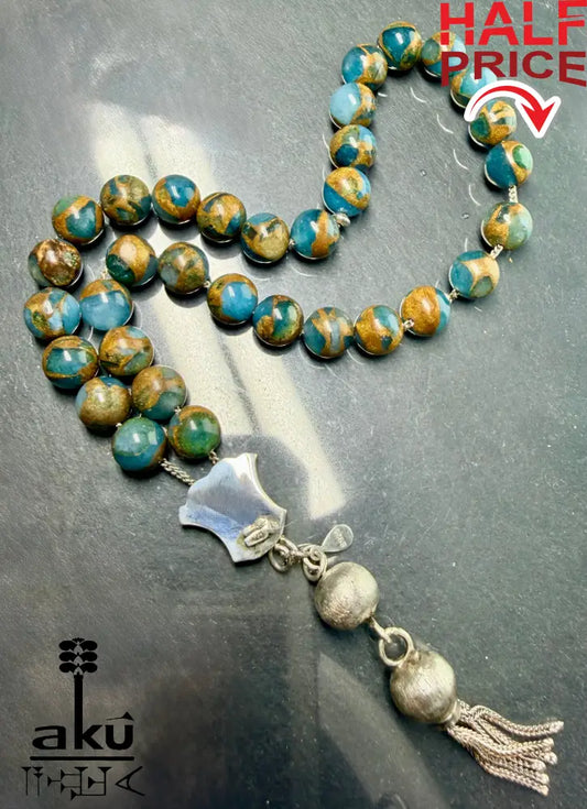 Mosaikstein Tasbih, blau und Bronz Konstruierte 33 Perlen Gebetskette, Vintage 925er Silber