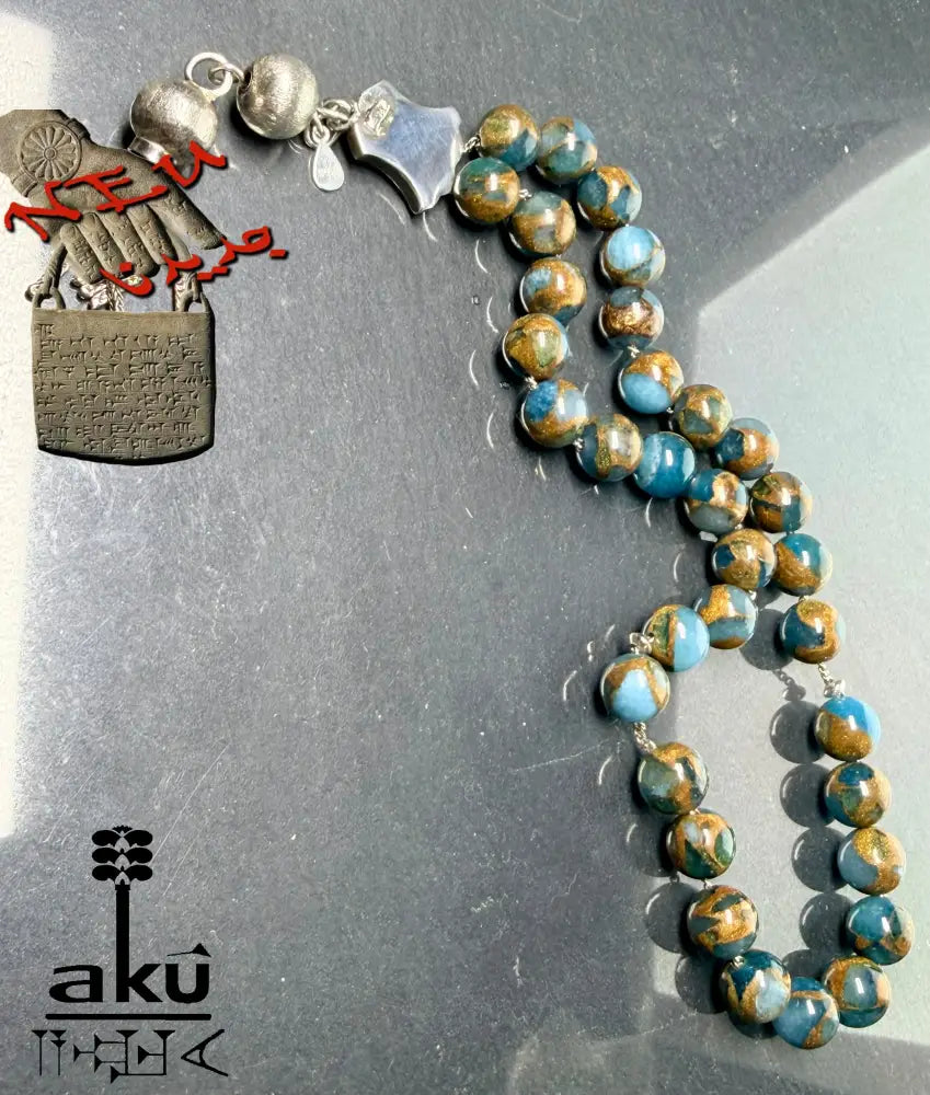 Mosaikstein Tasbih, blau und Bronz Konstruierte 33 Perlen Gebetskette, Vintage 925er Silber