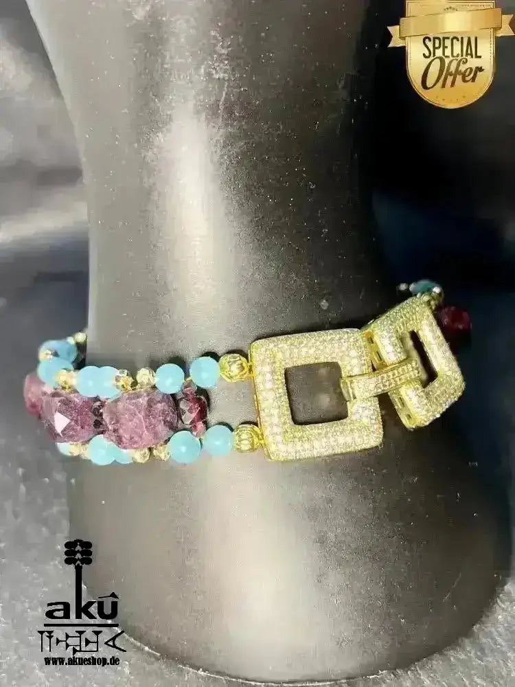 Mosambik, A+, Granat und Amazonit, Glücks - Edelstein - Armband, Natursteine Steine, Reiki Wurzel und Hals - Chakren, Meditationsenergie, vergoldet - AkueShop