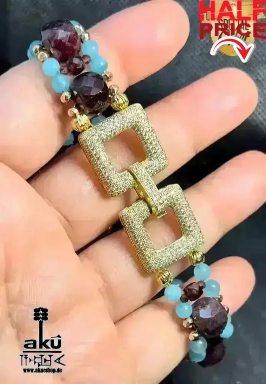 Mosambik, A+, Granat und Amazonit, Glücks - Edelstein - Armband, Natursteine Steine, Reiki Wurzel und Hals - Chakren, Meditationsenergie, vergoldet - AkueShop
