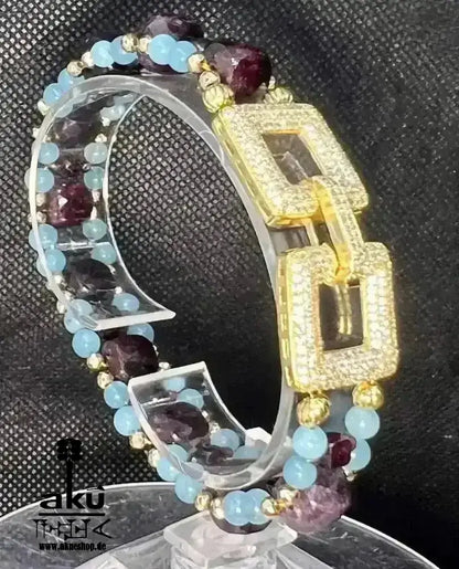 Mosambik, A+, Granat und Amazonit, Glücks - Edelstein - Armband, Natursteine Steine, Reiki Wurzel und Hals - Chakren, Meditationsenergie, vergoldet - AkueShop