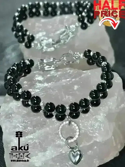 Natürliche schwarze Onyx Armband, duplizierte Perlen Edelsteinschmuck Meditationsenergie - AkueShop
