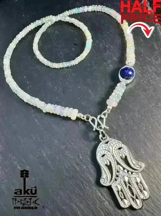 Natürliche weiße OPAL Lavalier Halskette, Hamsa Fatima böser Blickschutz, Lapislazuli Chakra - AkueShop