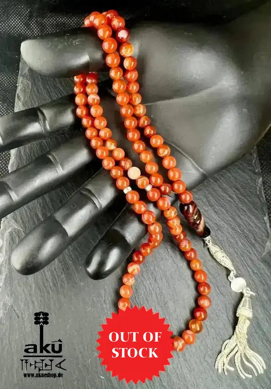 Natürlicher Achat Tesbih 99 islamisches misbaha, Aqik Akik, 925 Sterling Silbere Quaste - AkueShop
