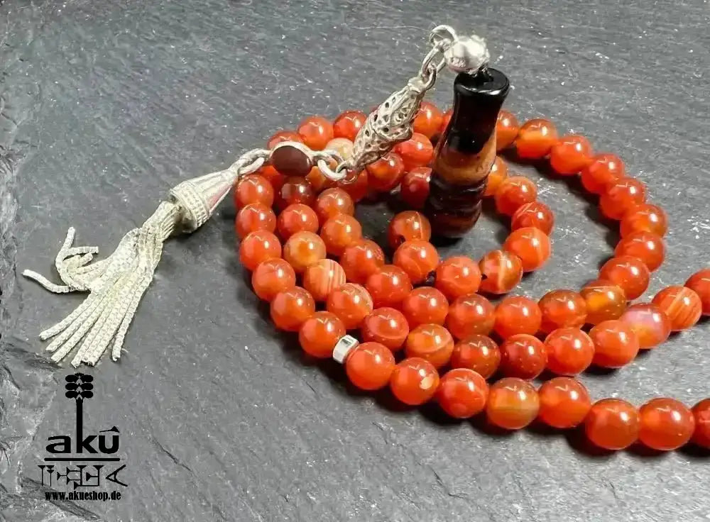 Natürlicher Achat Tesbih 99 islamisches misbaha, Aqik Akik, 925 Sterling Silbere Quaste - AkueShop