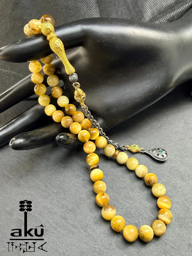 Natuerlicher goldene Katzeauge Stein Tasbih, islamische Misbaha, 925er Silber vergoldete Quaste