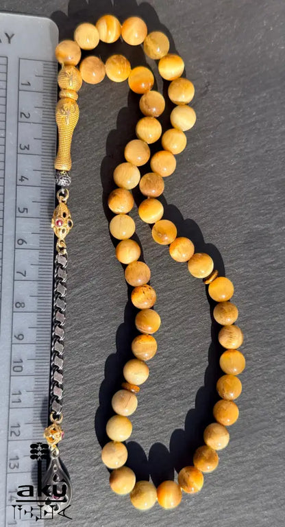 Natuerlicher goldene Katzeauge Stein Tasbih, islamische Misbaha, 925er Silber vergoldete Quaste