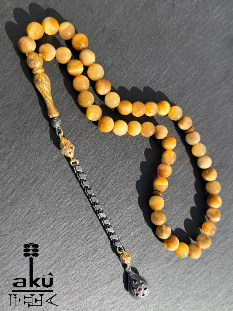 Natuerlicher goldene Katzeauge Stein Tasbih, islamische Misbaha, 925er Silber vergoldete Quaste