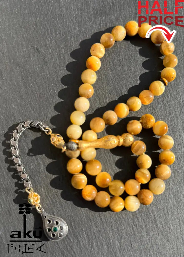 Natuerlicher goldene Katzeauge Stein Tasbih, islamische Misbaha, 925er Silber vergoldete Quaste