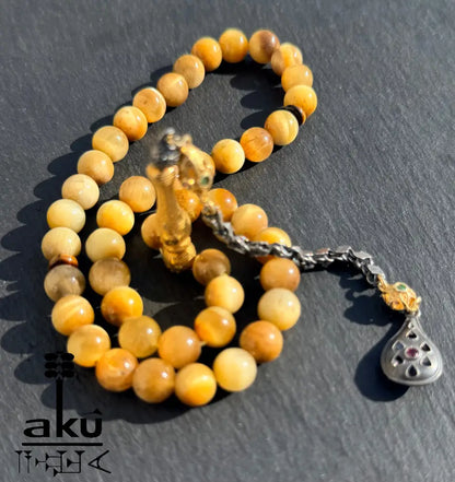 Natuerlicher goldene Katzeauge Stein Tasbih, islamische Misbaha, 925er Silber vergoldete Quaste