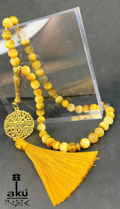 Handgefertigter Tasbih 45, natürlicher goldene Katzeauge Stein, islamische Misbaha