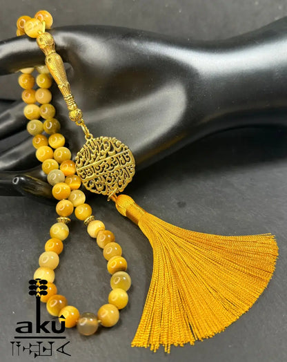 Handgefertigter Tasbih 45, natürlicher goldene Katzeauge Stein, islamische Misbaha