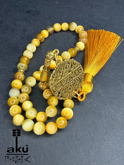 Handgefertigter Tasbih 45, natürlicher goldene Katzeauge Stein, islamische Misbaha