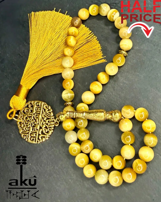 Handgefertigter Tasbih 45, natürlicher goldene Katzeauge Stein, islamische Misbaha