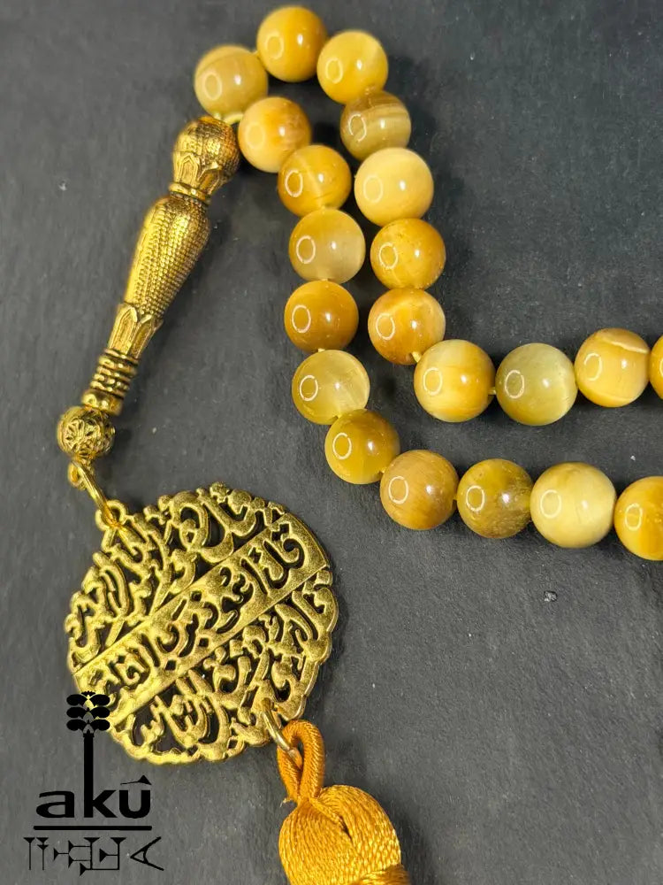 Handgefertigter Tasbih 45, natürlicher goldene Katzeauge Stein, islamische Misbaha