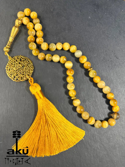 Handgefertigter Tasbih 45, natürlicher goldene Katzeauge Stein, islamische Misbaha