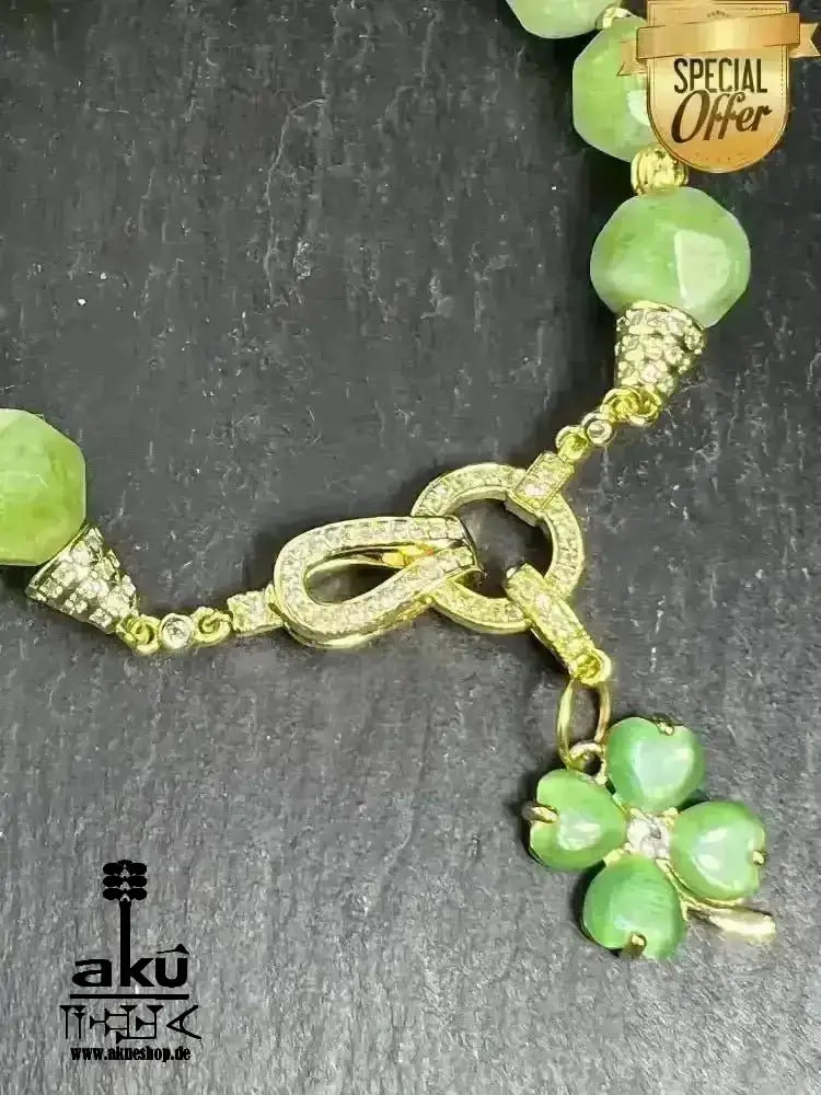 Natürlicher Peridot - Edelstein vergoldetes Armband, Handgefertigtes, Kleeblatt - Glück, Herzchakra positive Energie - AkueShop
