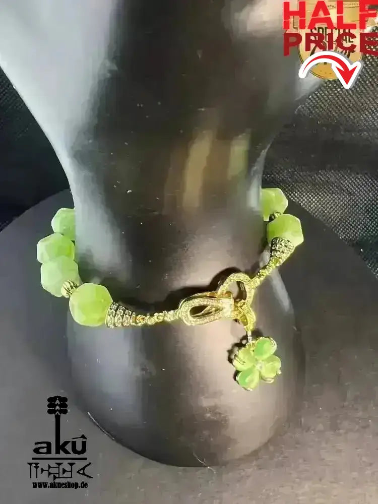 Natürlicher Peridot - Edelstein vergoldetes Armband, Handgefertigtes, Kleeblatt - Glück, Herzchakra positive Energie - AkueShop