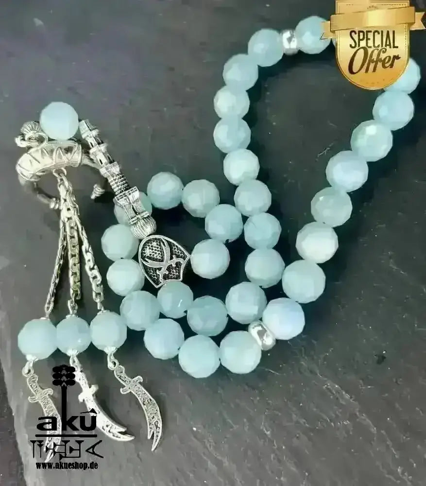 Natürlicher Peridot oder Aquamarin Tesbih, Edelstein, islamische Misbaha, Herz und Hals chakras, 925 Sterling Silbere Quaste - AkueShop