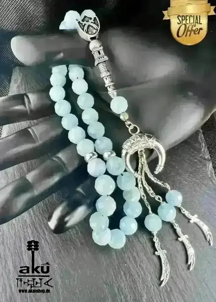 Natürlicher Peridot oder Aquamarin Tesbih, Edelstein, islamische Misbaha, Herz und Hals chakras, 925 Sterling Silbere Quaste - AkueShop