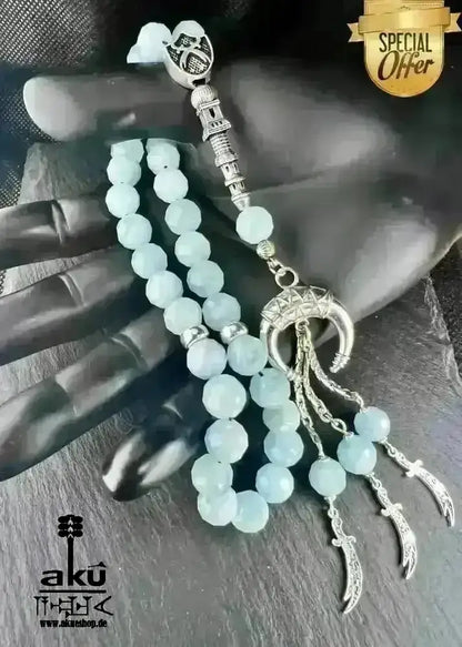 Natürlicher Peridot oder Aquamarin Tesbih, Edelstein, islamische Misbaha, Herz und Hals chakras, 925 Sterling Silbere Quaste - AkueShop
