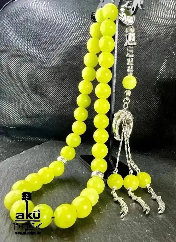 Natürlicher Peridot oder Aquamarin Tesbih, Edelstein, islamische Misbaha, Herz und Hals chakras, 925 Sterling Silbere Quaste - AkueShop