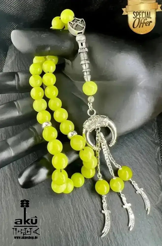 Natürlicher Peridot oder Aquamarin Tesbih, Edelstein, islamische Misbaha, Herz und Hals chakras, 925 Sterling Silbere Quaste - AkueShop
