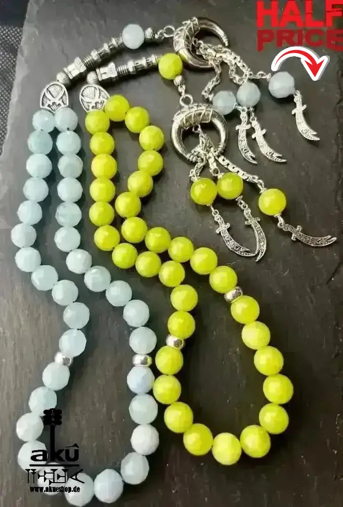 Natürlicher Peridot oder Aquamarin Tesbih, Edelstein, islamische Misbaha, Herz und Hals chakras, 925 Sterling Silbere Quaste - AkueShop