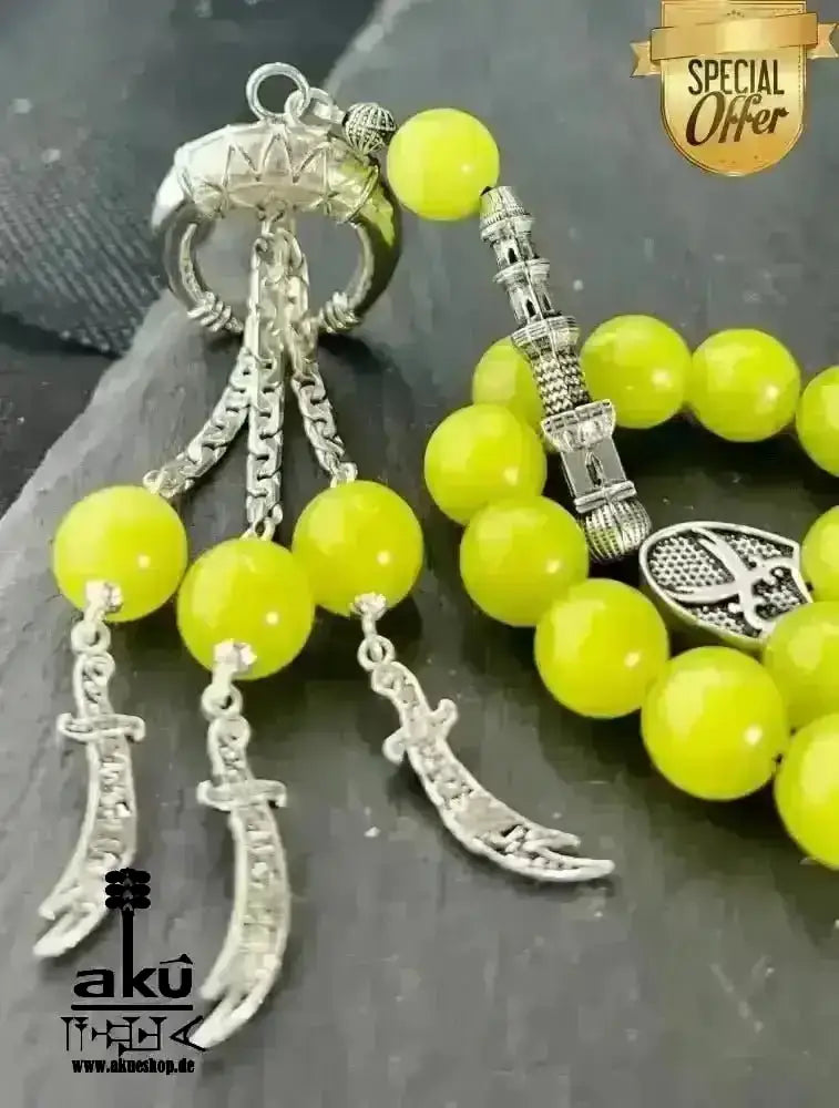 Natürlicher Peridot oder Aquamarin Tesbih, Edelstein, islamische Misbaha, Herz und Hals chakras, 925 Sterling Silbere Quaste - AkueShop