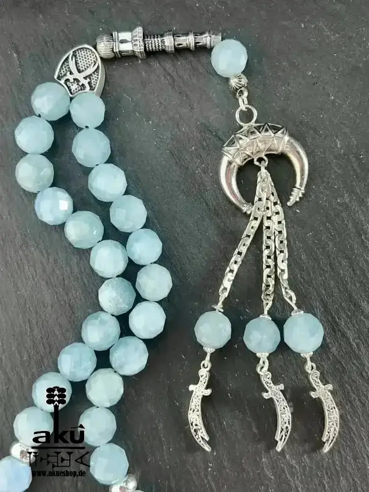 Natürlicher Peridot oder Aquamarin Tesbih, Edelstein, islamische Misbaha, Herz und Hals chakras, 925 Sterling Silbere Quaste - AkueShop