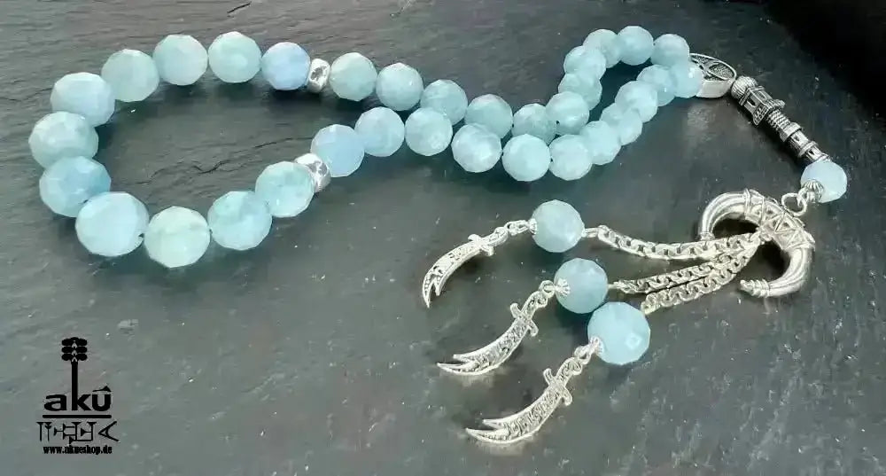 Natürlicher Peridot oder Aquamarin Tesbih, Edelstein, islamische Misbaha, Herz und Hals chakras, 925 Sterling Silbere Quaste - AkueShop