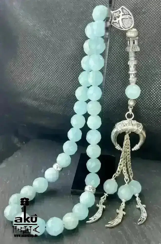 Natürlicher Peridot oder Aquamarin Tesbih, Edelstein, islamische Misbaha, Herz und Hals chakras, 925 Sterling Silbere Quaste - AkueShop