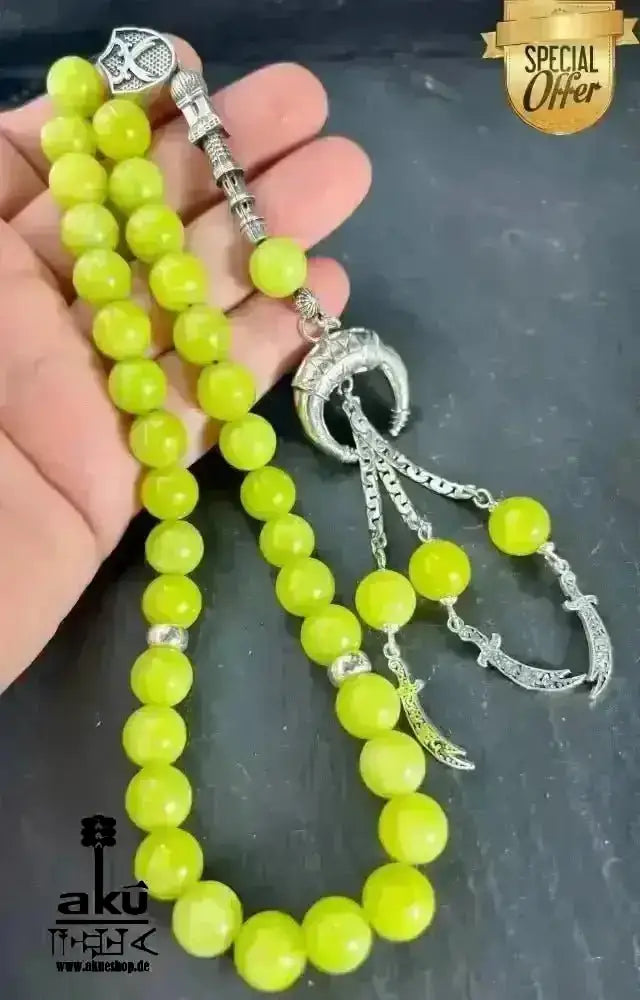 Natürlicher Peridot oder Aquamarin Tesbih, Edelstein, islamische Misbaha, Herz und Hals chakras, 925 Sterling Silbere Quaste - AkueShop