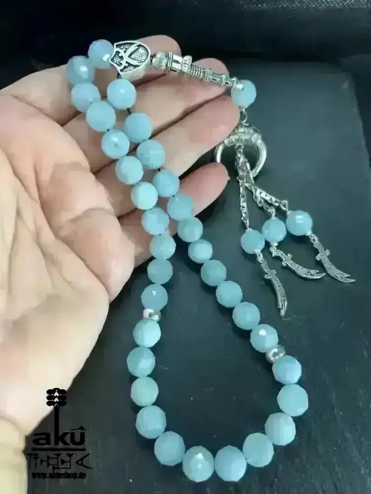 Natürlicher Peridot oder Aquamarin Tesbih, Edelstein, islamische Misbaha, Herz und Hals chakras, 925 Sterling Silbere Quaste - AkueShop