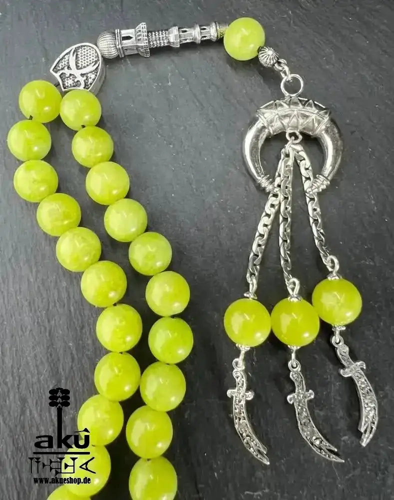 Natürlicher Peridot oder Aquamarin Tesbih, Edelstein, islamische Misbaha, Herz und Hals chakras, 925 Sterling Silbere Quaste - AkueShop
