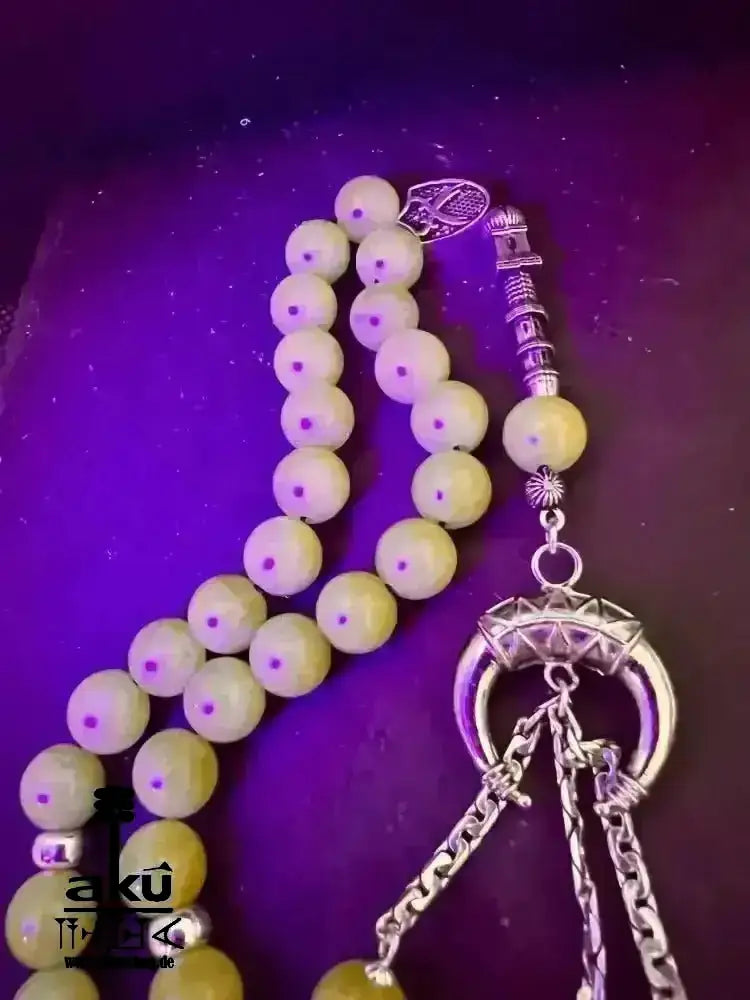 Natürlicher Peridot oder Aquamarin Tesbih, Edelstein, islamische Misbaha, Herz und Hals chakras, 925 Sterling Silbere Quaste - AkueShop
