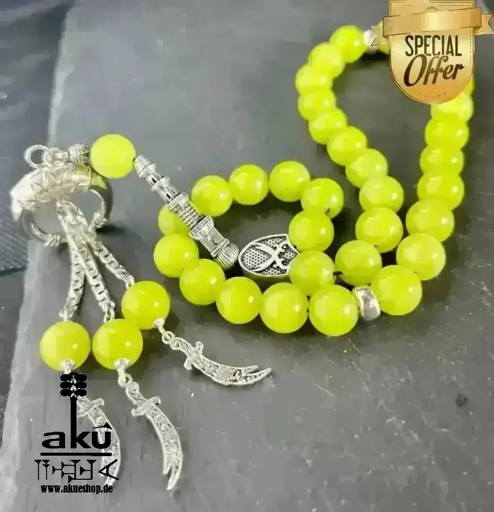 Natürlicher Peridot oder Aquamarin Tesbih, Edelstein, islamische Misbaha, Herz und Hals chakras, 925 Sterling Silbere Quaste - AkueShop