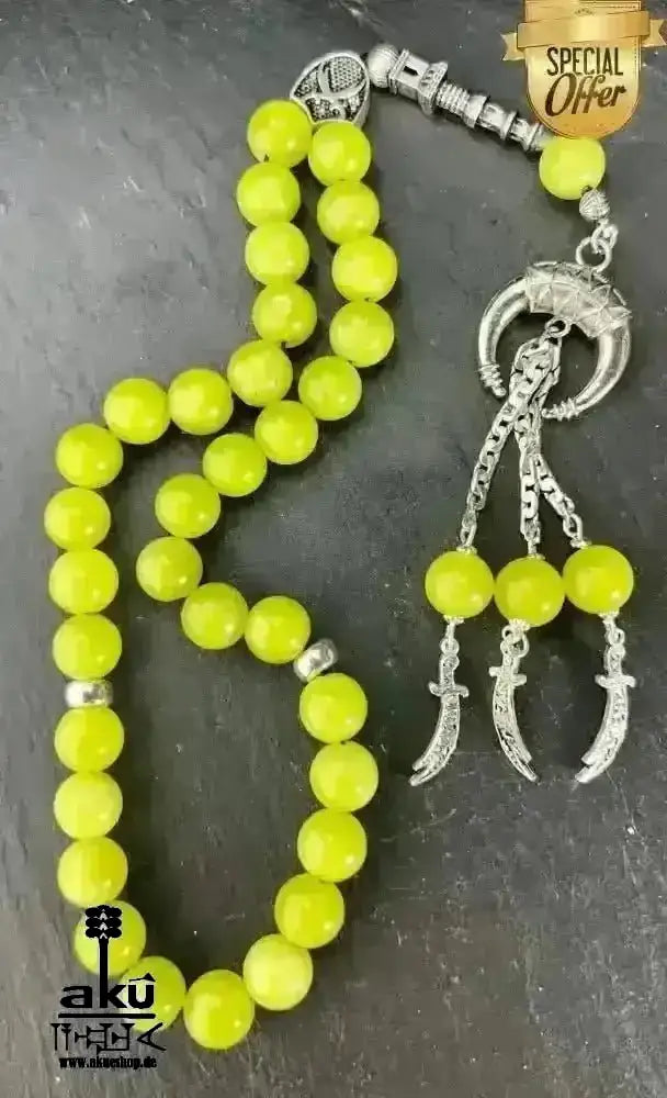 Natürlicher Peridot oder Aquamarin Tesbih, Edelstein, islamische Misbaha, Herz und Hals chakras, 925 Sterling Silbere Quaste - AkueShop